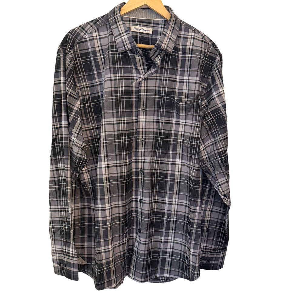 Tommy Bahama Button Down Shirt Large Black New Lazlo Lux Soiree Plaid Stretch